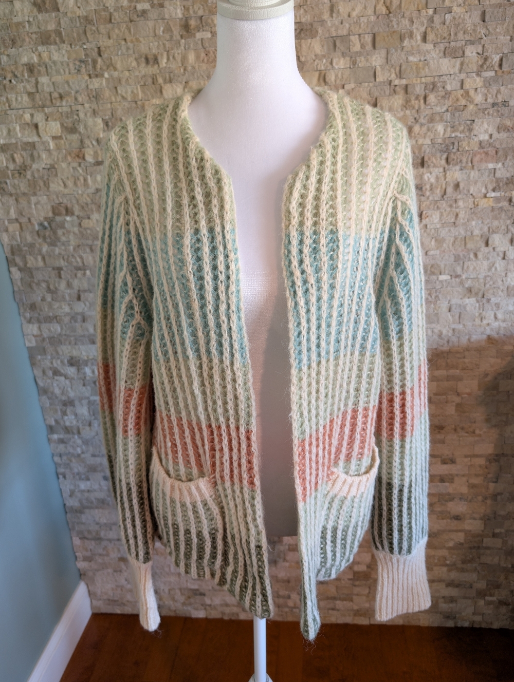 Democracy Wool Blend Open Front Ribbed Open Knit Multicolor Stripe Cardigan Sz L